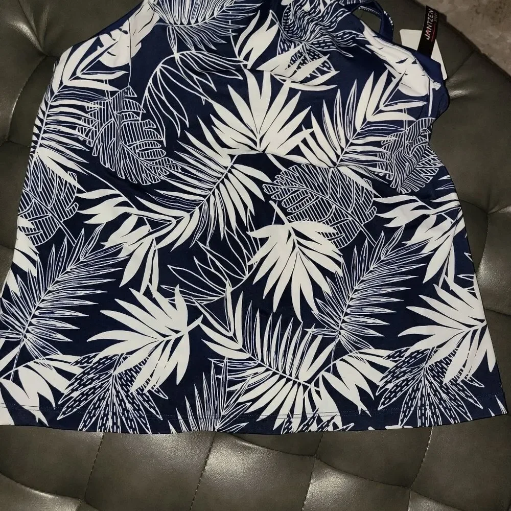 Jantzen High Neck Navy White Palm Tankini Top Navy Drawstring side tie b…